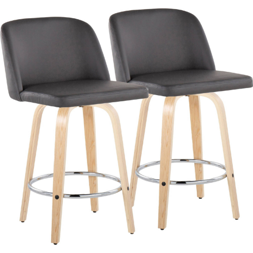 Toriano 26" Swivel Counter Stool in Natural Wood & Grey Leatherette w/ Chrome Footrest (Set of 2)